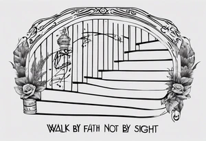 “walk by faith, not by sight” stairwell wrapping around the quote. This design captures the essence of the journey guided by faith. tattoo idea
