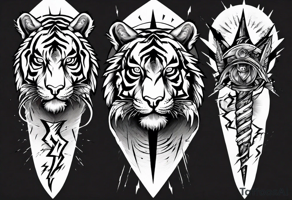 Ancient tiger with lightning and a sun for a forearm sleeve tattoo idea