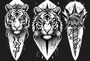 Ancient tiger with lightning and a sun for a forearm sleeve tattoo idea