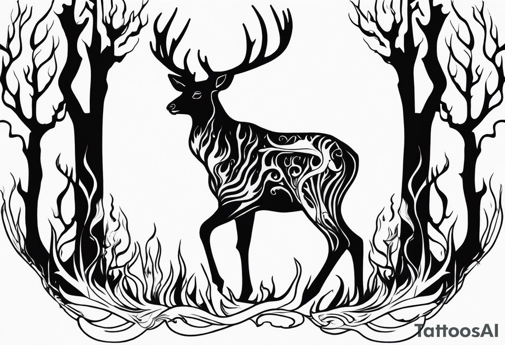 side view of a standing deer humanoid skeleton JUST BONE surrounded by a flames and trees tattoo idea