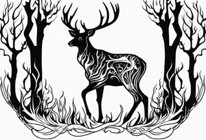 side view of a standing deer humanoid skeleton JUST BONE surrounded by a flames and trees tattoo idea