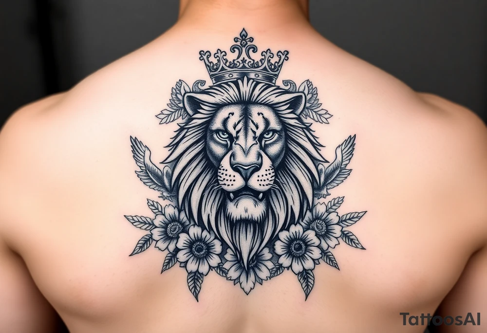 powerful majestic lion with a crown, surrounded by floral ornaments and birds tattoo idea