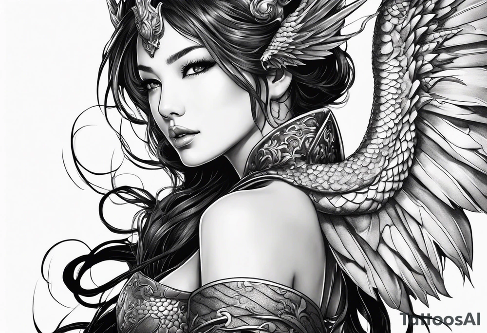 beautiful warrior nymph with large wings coming out of her back and a dragon friend tattoo idea