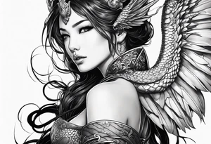 beautiful warrior nymph with large wings coming out of her back and a dragon friend tattoo idea