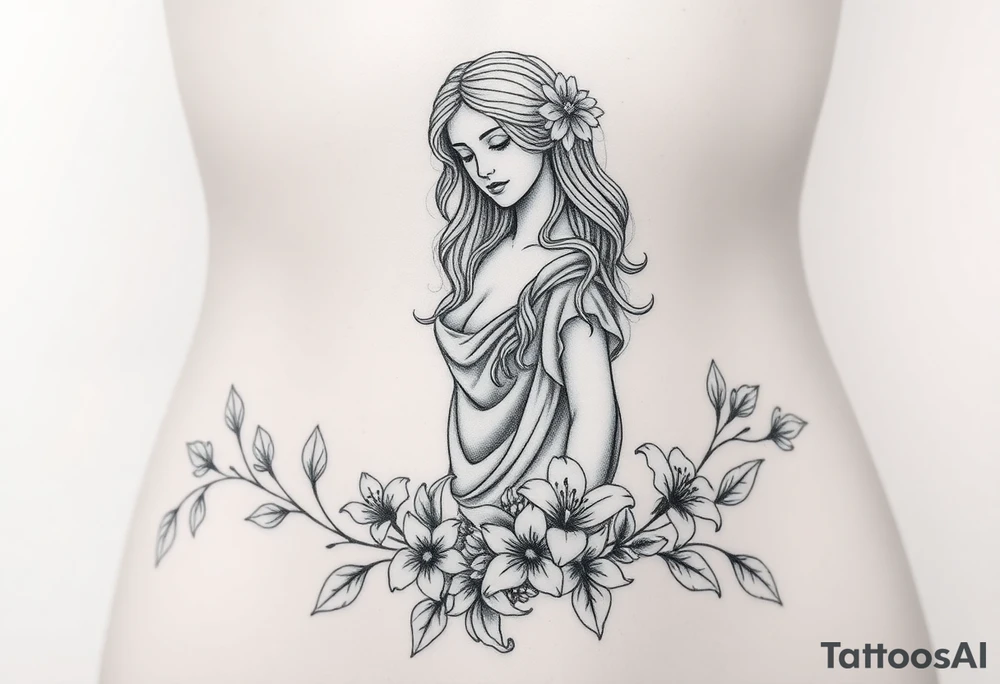 greek goddess and greek themed background with vines and lily’s and other flowers tattoo idea