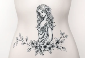 greek goddess and greek themed background with vines and lily’s and other flowers tattoo idea