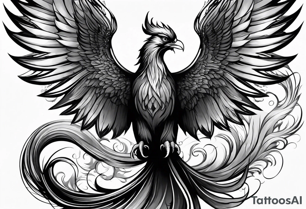 Evil Phoenix with classical smoke. Long wrapping tail. With a cross tattoo idea