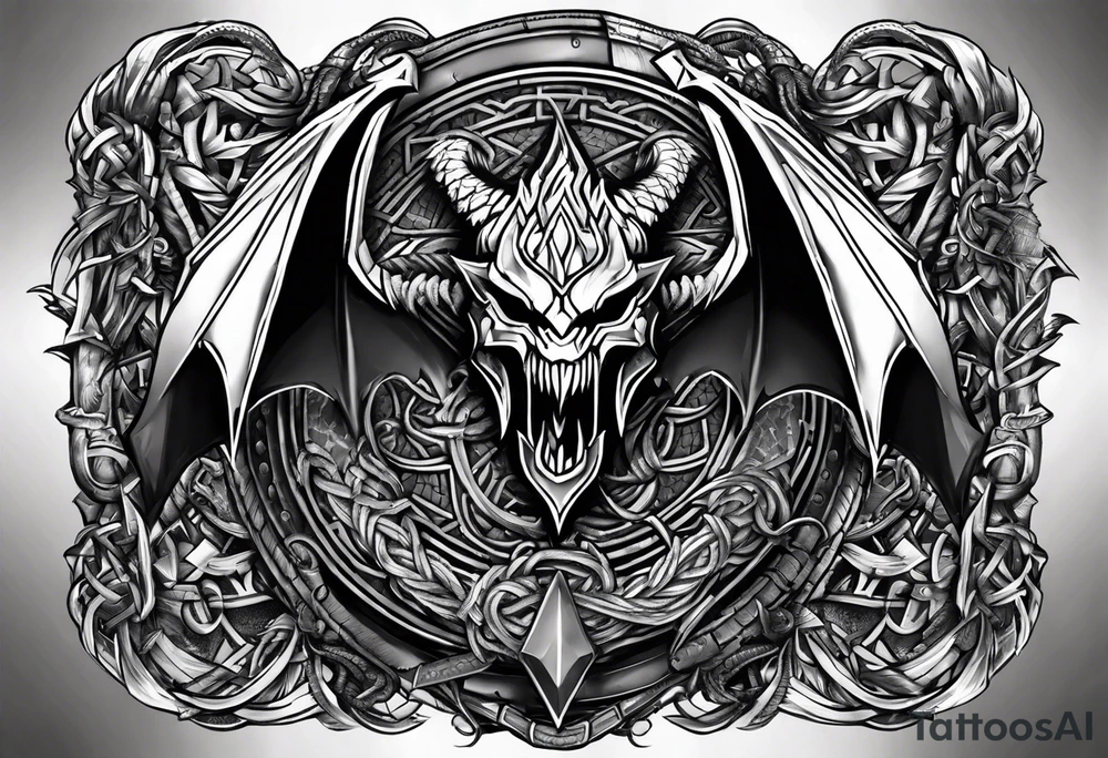 Valhalla sword shield dragon axe Valknut barbed wire chains tattoo idea