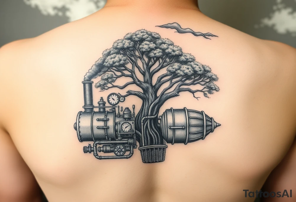 tree growing out of a v shaped engine with lots of pipes, guages and steam around the engine 
 with a smoke stack coming out of the top 
 billowing black smoke as if the tree and engine were a flying machine flying through the air 
 with an extreme steam punk vibe alot more steam punk 
it should look somewhat like a hot air baloon where the tree is the balloon and the machine is the basket but they are together as one unit, and the sky should have clouds in the back ground as if it were chugging along flying through the sky and needs to look extremely steam punk tattoo idea