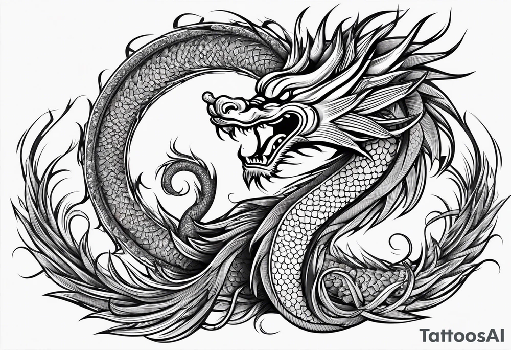 Spiral fire breathing chinese year of dragon tail with body and head extruding dimensionally up and outward. tattoo idea