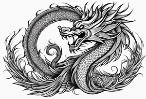 Spiral fire breathing chinese year of dragon tail with body and head extruding dimensionally up and outward. tattoo idea