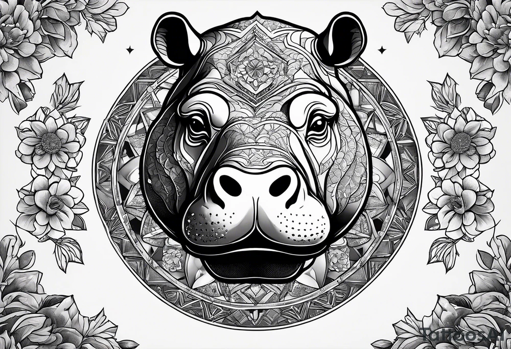 A symbolic hippo head with a detailed realistic full moon on upper right corner and wintersweet flower on lower left corner, looking like a totem tattoo idea