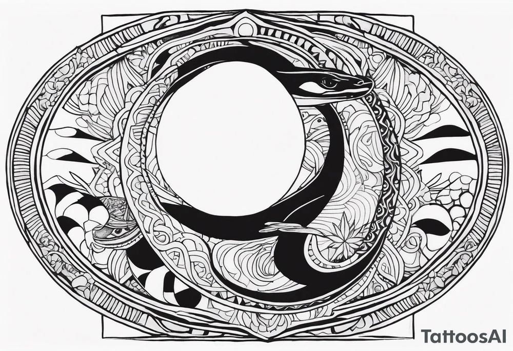 Please make me a sternum tattoo for a woman with the following details 
Mesoamerican themes like the sun and moon 
Ouroboros snake wrapped around an Orphic egg tattoo idea