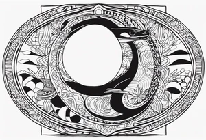 Please make me a sternum tattoo for a woman with the following details 
Mesoamerican themes like the sun and moon 
Ouroboros snake wrapped around an Orphic egg tattoo idea