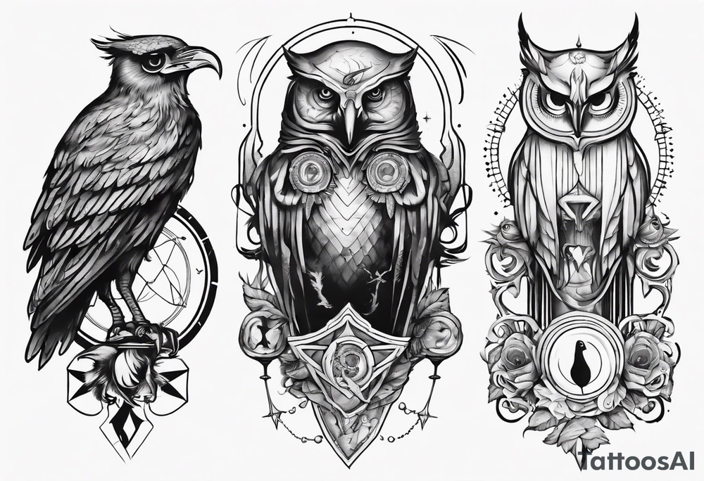 The Zodiac sign Aquarius as a Human accompanied by an owl and raven. tattoo idea
