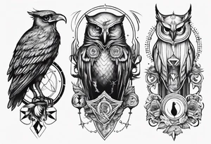 The Zodiac sign Aquarius as a Human accompanied by an owl and raven. tattoo idea