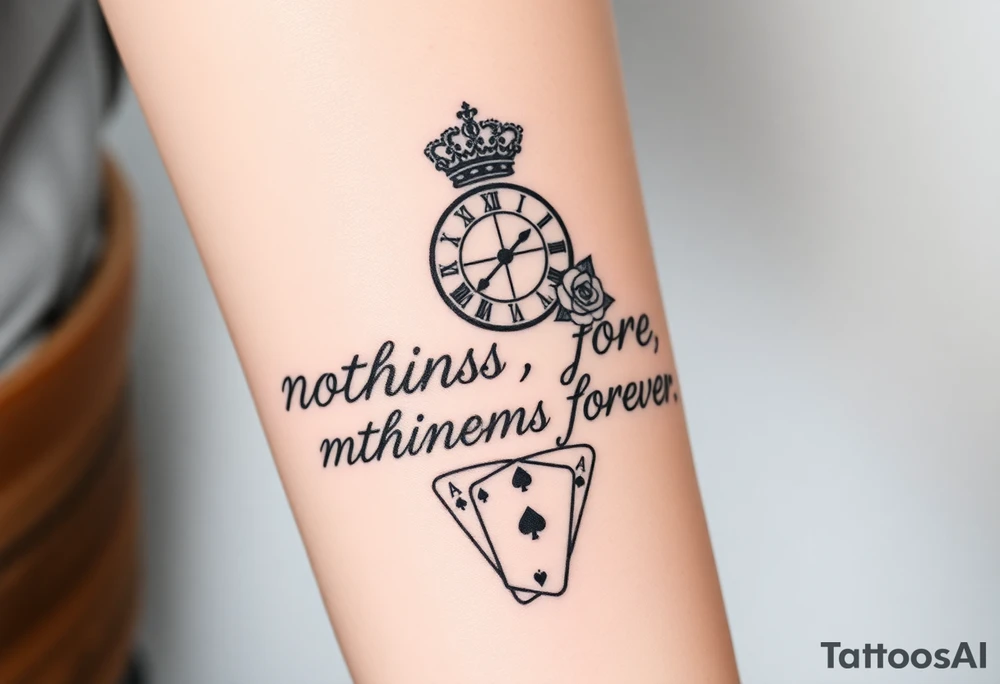 Roman clock with a crown, with roses and a quote that says nothings forever. and on the bottom a deck of cards gangster chicano style tattoo idea