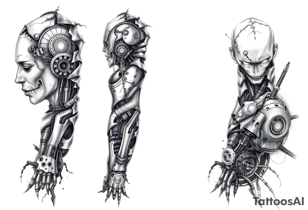 A full sleeve tattoo design The design features a melted skin effect, revealing detailed robotic parts and mechanical components underneath. The melted skin appears torn and organic, seamlessly transitioning to intricate gears, wires, and futuristic machinery beneath, creating a striking fusion of human and robotic elements. tattoo idea