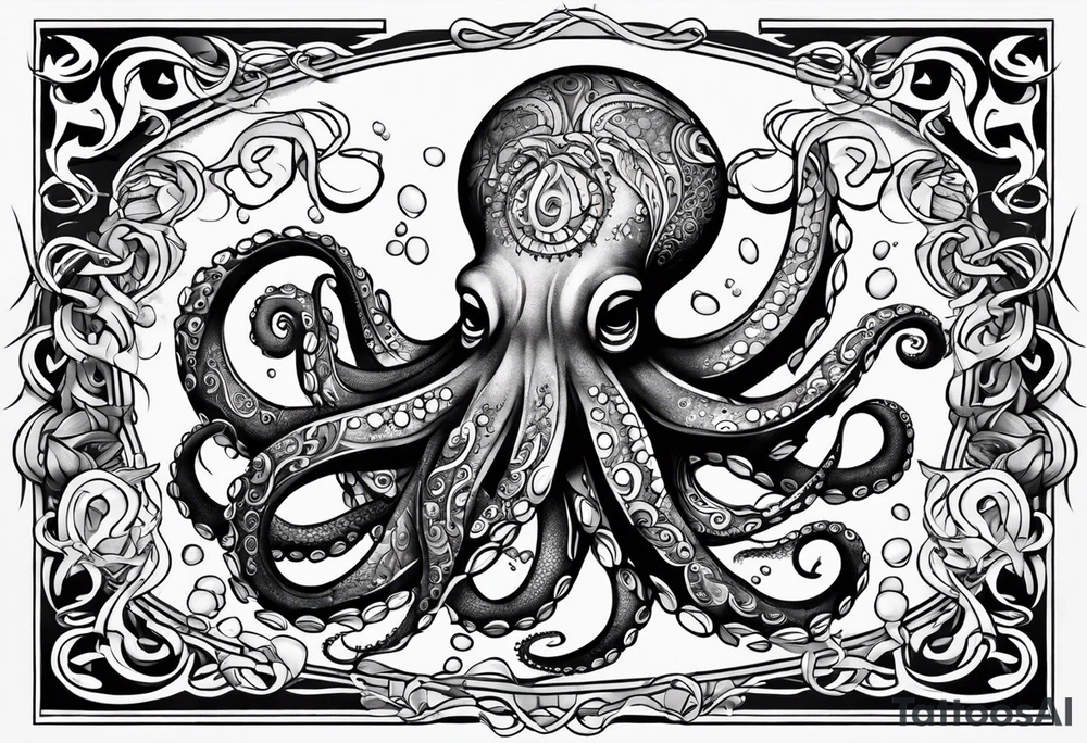 Tribal half sleeve octopus with ribbons around it filled with fish and water waves tattoo idea