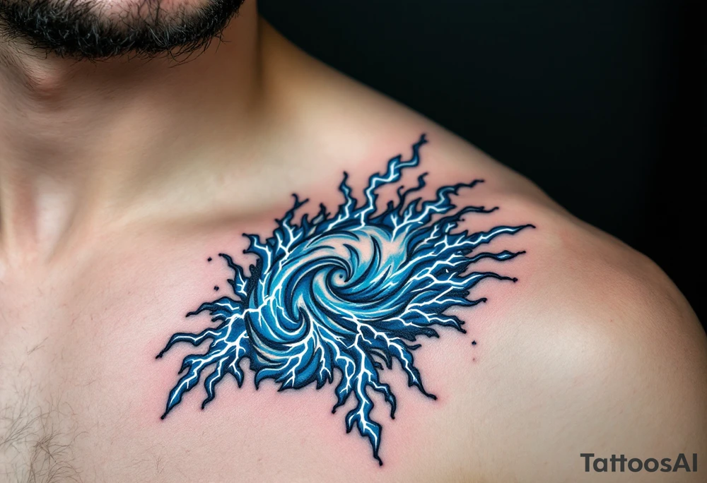 A surreal figure of Aquarius formed by merging water and electricity, crackling with blue and white lightning. tattoo idea