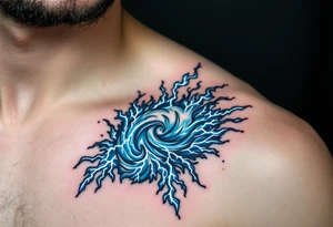 A surreal figure of Aquarius formed by merging water and electricity, crackling with blue and white lightning. tattoo idea