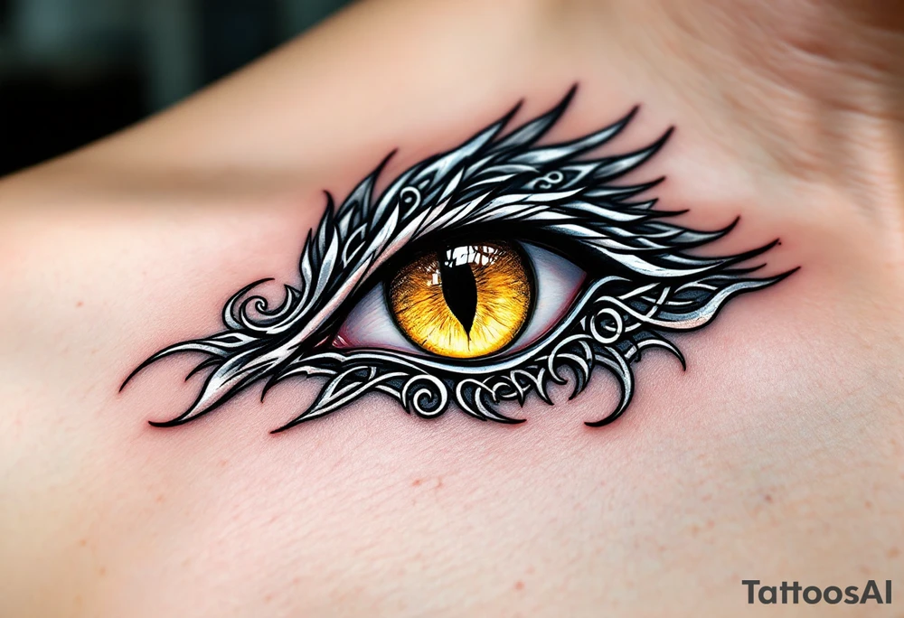 Celtic Wolf Eye Close-Up – A single wolf eye in golden yellow, surrounded by flowing silver Celtic lines forming protective runes. tattoo idea