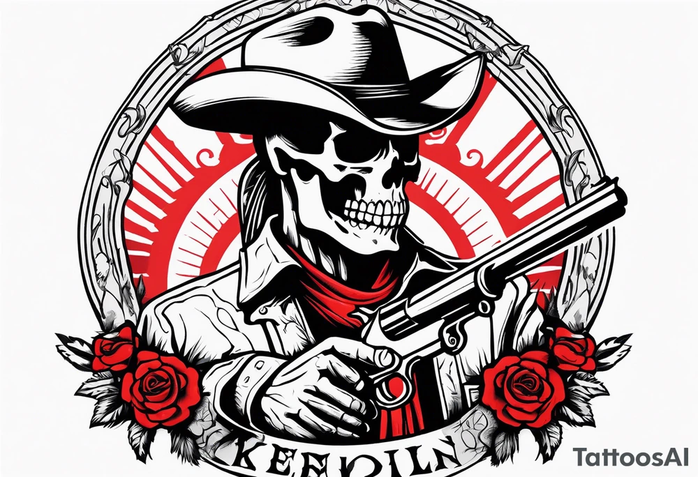 arm tattoo with a western background that has a horseman, skelleton in the middle with a revolver and red dead redemtion hat tattoo idea