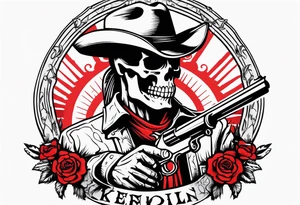 arm tattoo with a western background that has a horseman, skelleton in the middle with a revolver and red dead redemtion hat tattoo idea