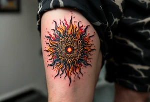 The fiery blend of red, yellow, and black in this Celtic sun tattoo creates a tribal blaze on the thigh. tattoo idea