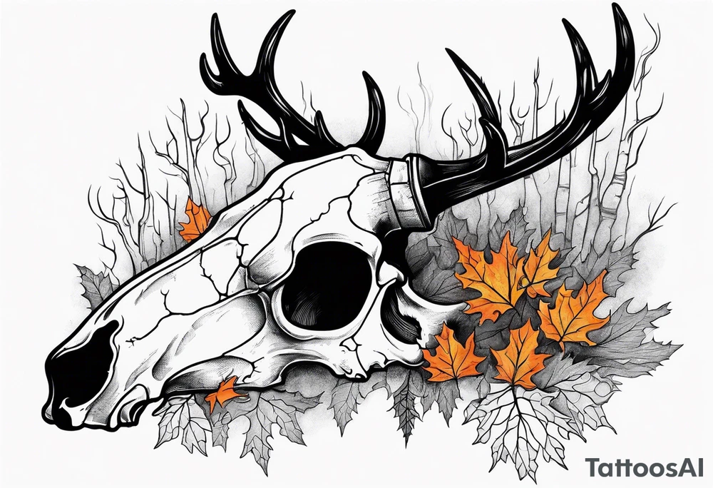 Halloween side view of a DECAYING deer skull JUST BONE surrounded by a forest fire in background tattoo idea