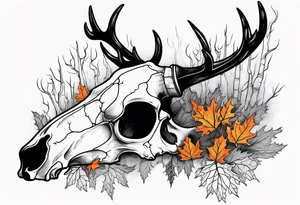Halloween side view of a DECAYING deer skull JUST BONE surrounded by a forest fire in background tattoo idea