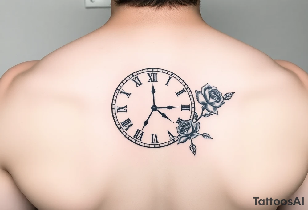 sketch of clock showing time of 12:56 with rose tattoo idea