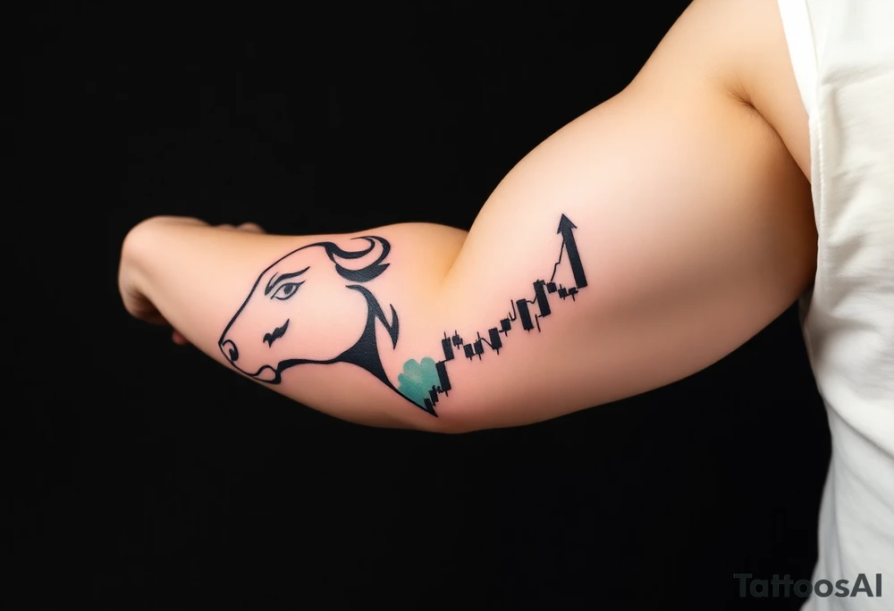 Create a minimalist black line tattoo of a bull’s head that transitions into an upward-trending candlestick stock chart. The design should have clean, fluid lines and combine the bull’s face and horns on the left, with the candlestick chart rising to the right, forming the shape of the bull’s jaw/neck. Keep the style simple and elegant, suitable for a forearm or upper arm tattoo.” tattoo idea