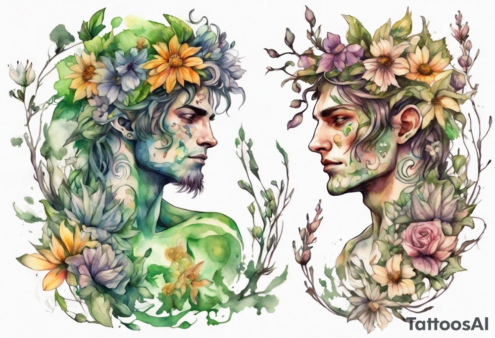 a male dryad covered in flowers tattoo idea