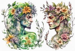a male dryad covered in flowers tattoo idea