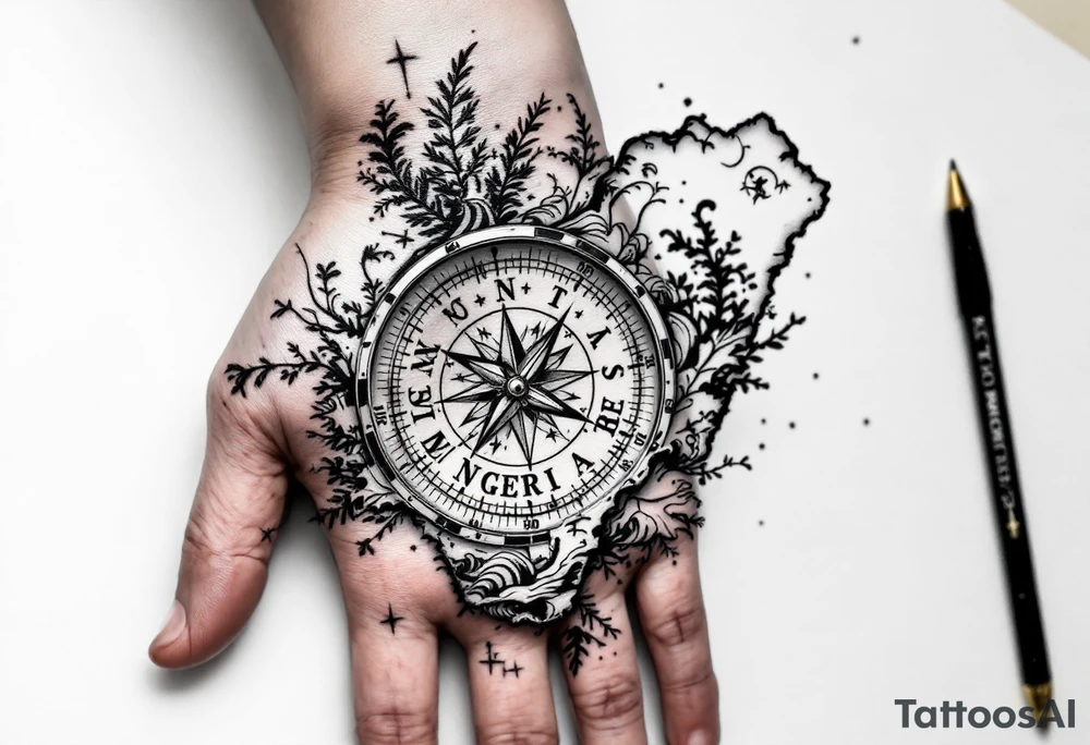 Compass on the back of the palm in the shape of Nigeria with longitude written on the top and latitude written on the bottom. Draw lines from a treasure map connecting from the arm to the tattoo and water waves around the tattoo tattoo idea