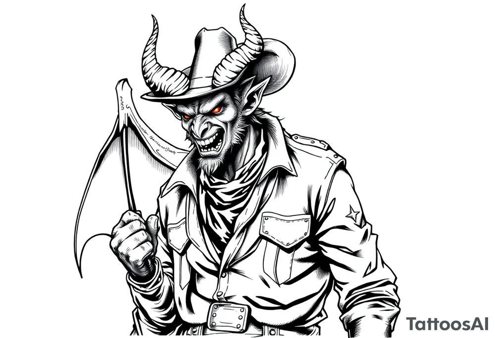 demon in cowboy-clothing,desert. tattoo idea