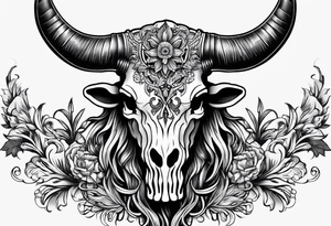 Long horn skeleton with IR brand on forehead tattoo idea