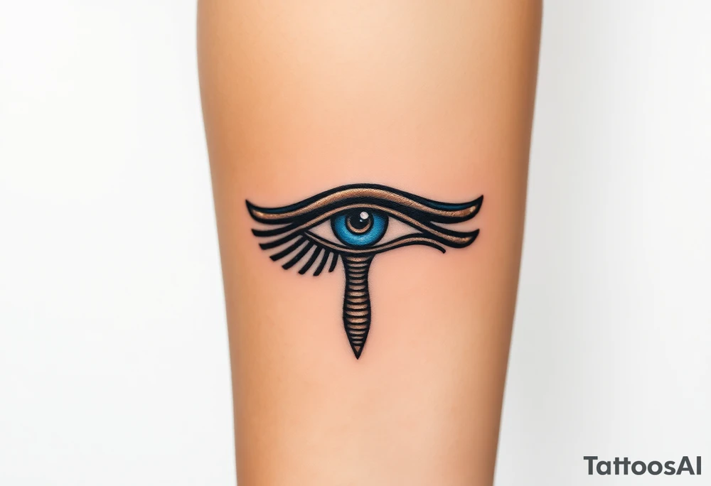 A blue and bronze Eye of Horus, detailed with ancient lines, placed on the forearm for protection and healing. tattoo idea