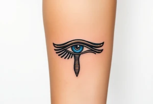 A blue and bronze Eye of Horus, detailed with ancient lines, placed on the forearm for protection and healing. tattoo idea