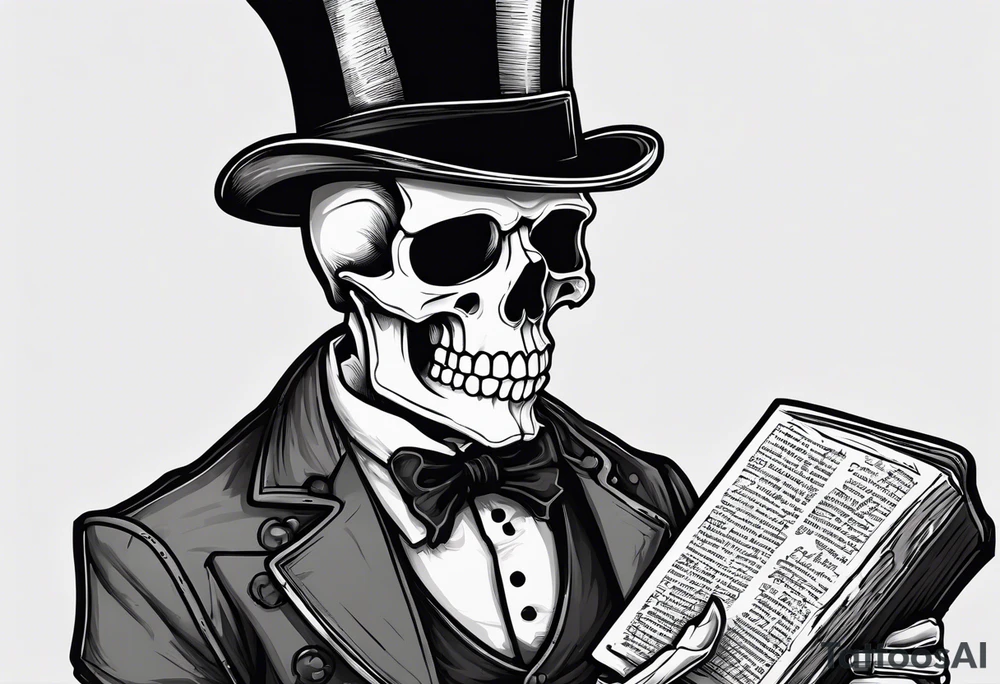 skeleton wearing a top hat holding a holy bible tattoo idea