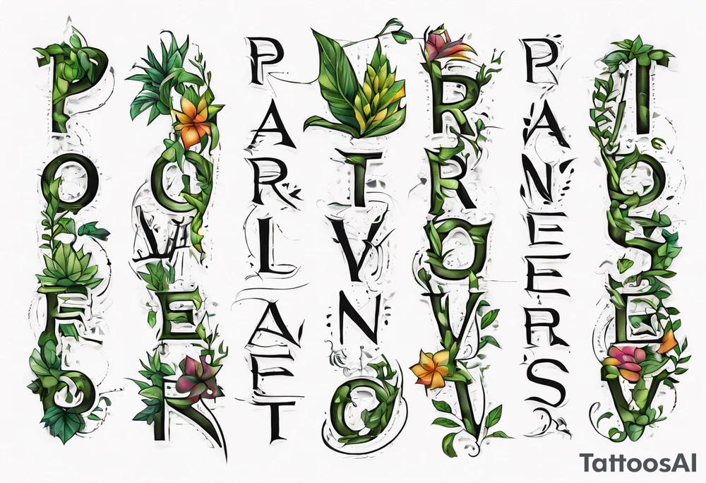Words “Plant Powered” spelled out with plants and vines through out the words tattoo idea