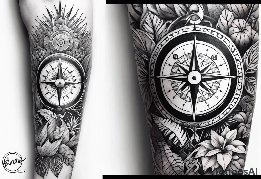 full arm sleeve tattoo with Vigvisir compass and all-seeing eye surrounded by jungle plants tattoo idea