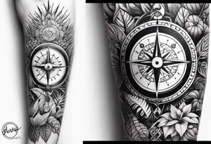 full arm sleeve tattoo with Vigvisir compass and all-seeing eye surrounded by jungle plants tattoo idea