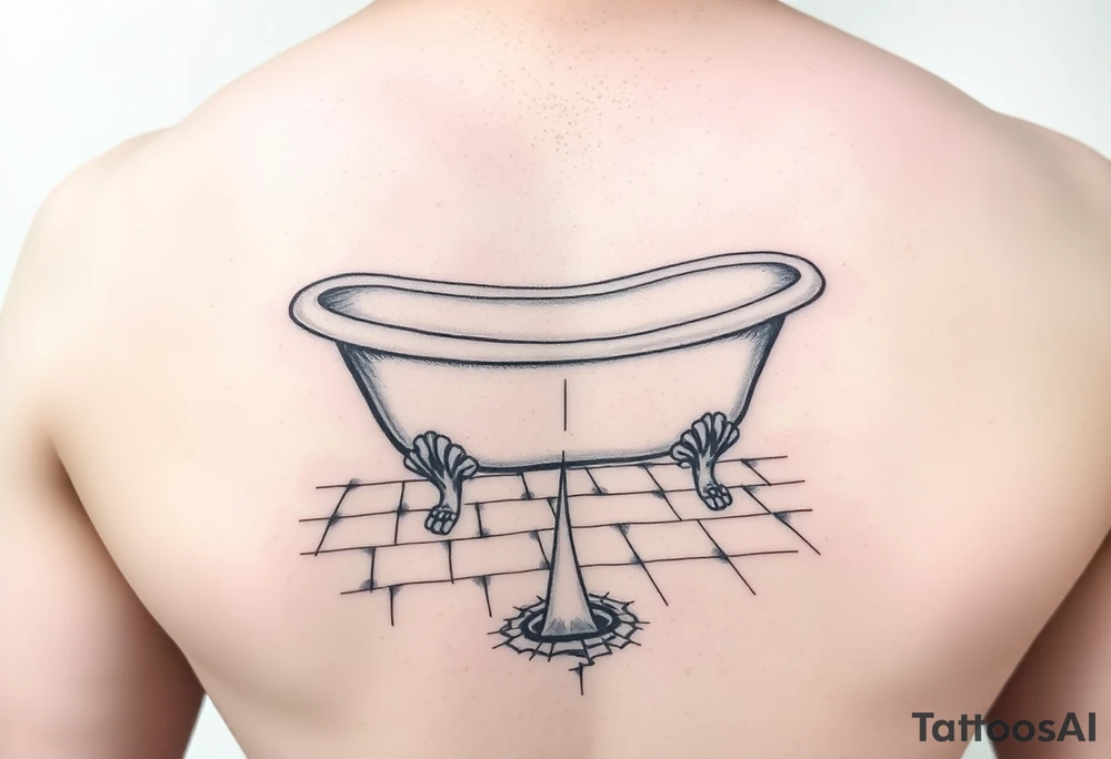 clawfoot bathtub on a tile floor and light coming up out of a small crack on the floor tattoo idea