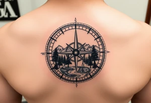 Open compass, bottom half with mountains, trees, stream, and tent. The S of the compass should be a fishing lure tattoo idea