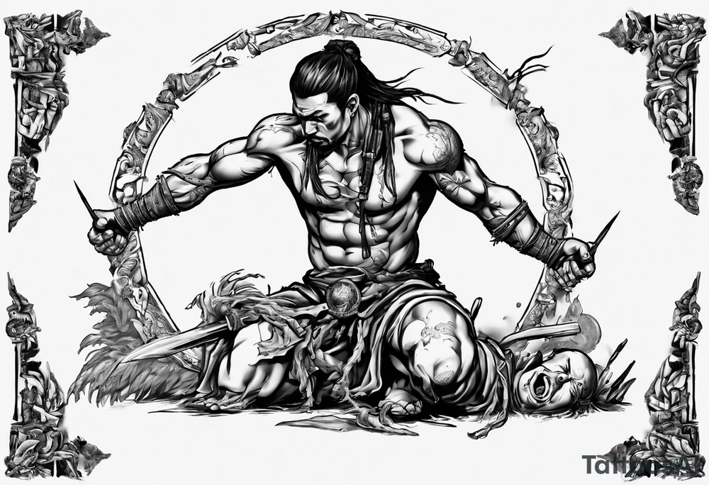 Warrior kneeling down feeding the weak. He needs to be holding the world on his shoulders with the other hand. You can’t be peaceful without being capable of violence tattoo idea