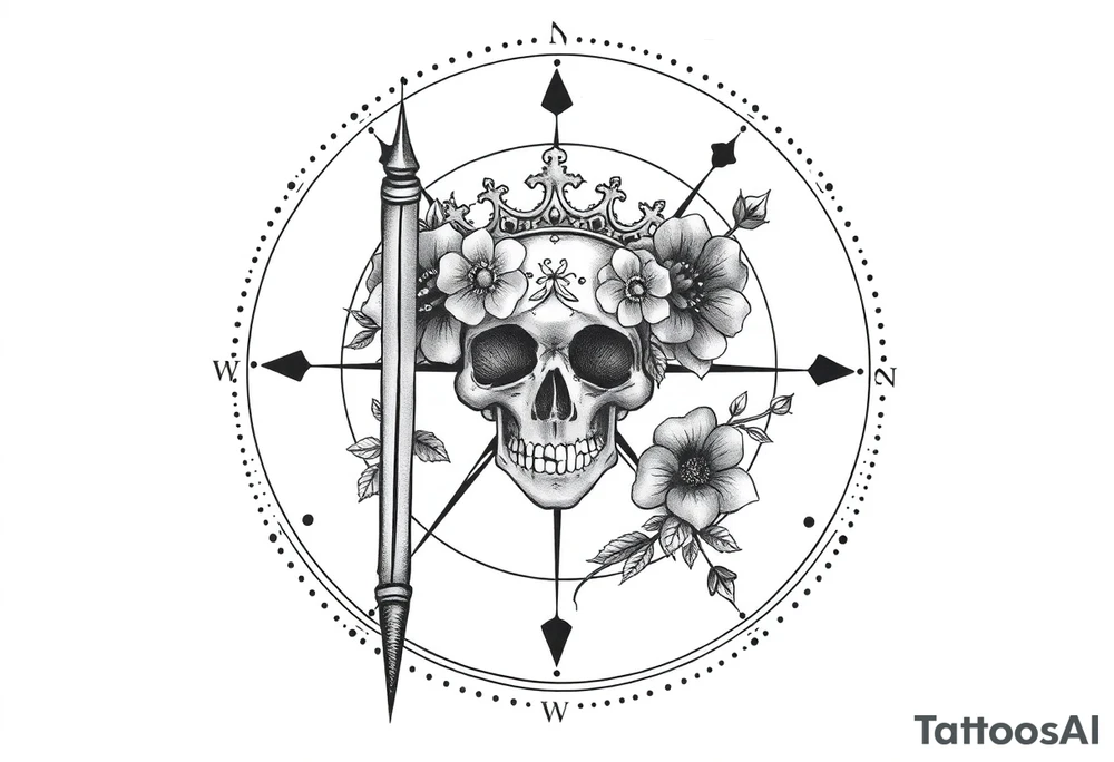 Compass with detailed beautiful gothic boho flowers on vine and skull with gorgeous crown tattoo idea