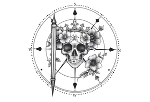 Compass with detailed beautiful gothic boho flowers on vine and skull with gorgeous crown tattoo idea
