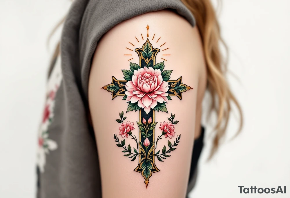 Lada's Symbol — A symmetrical floral cross in soft rose pink and leafy green, resembling a blooming peony, encircled by a golden halo of light, with the Slavic goddess Lada depicted beside it as a serene woman with flowing golden hair, wearing a traditional white and red embroidered dress, holding a wreath of flowers. tattoo idea